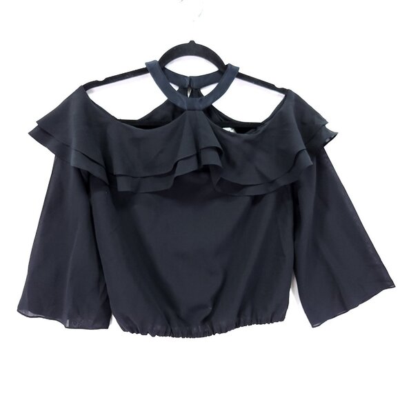 Alice + Olivia Silk Halter Top Size XS Cold Shoulder Ruffle Blouse Black - Picture 2 of 12